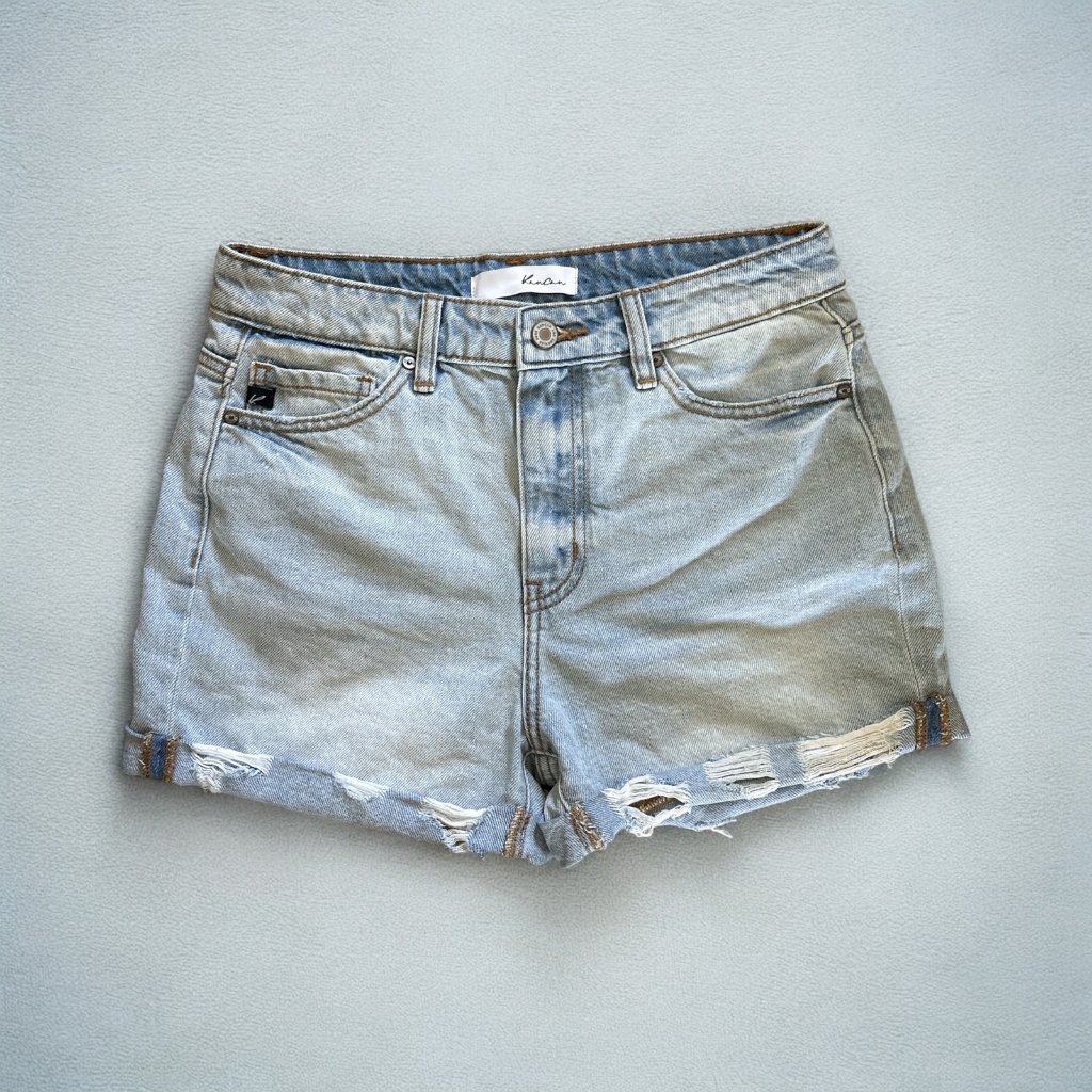 Kancan Denim Shorts Womens 5 26 Blue Distressed Ripped Raw Hem Mid Rise Casual